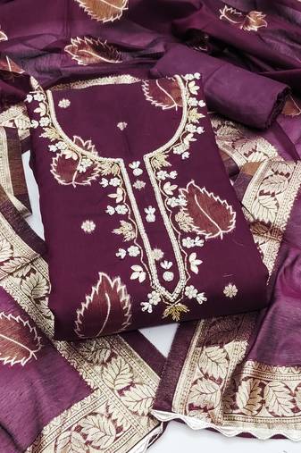 Manvaa women's purple unstitched handwork modal banarasi dress material 