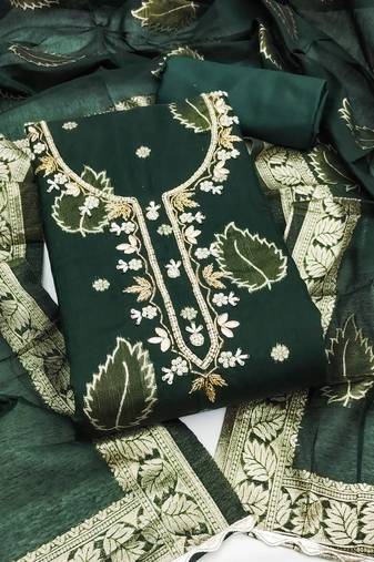 Manvaa women's bottle green unstitched handwork modal banarasi dress material 
