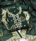 Manvaa women's bottle green unstitched handwork modal banarasi dress material 