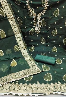 Manvaa women's bottle green handwork modal banarasi dress material 2