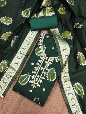 Manvaa women's bottle green handwork modal banarasi dress material 4