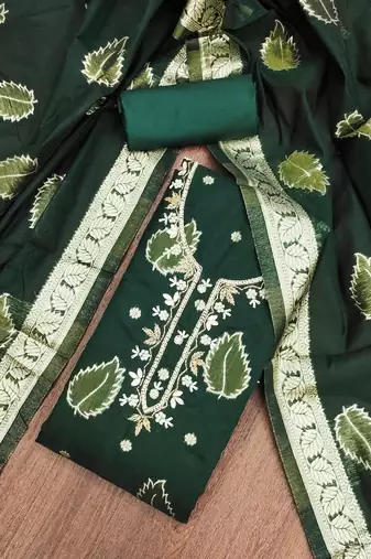 Manvaa women's bottle green handwork modal banarasi dress material