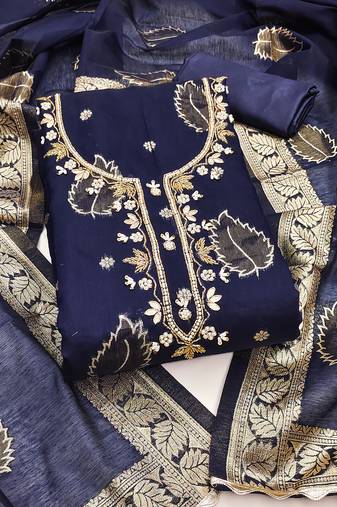 Manvaa women's navy blue unstitched handwork modal banarasi dress material 