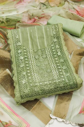 Manvaa women's light green unstitched sequnce pure roman cotton silk dress material 