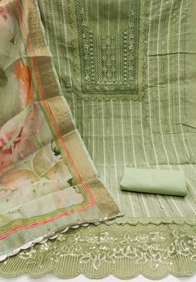 Manvaa women's light green sequnce pure roman cotton silk dress material 2