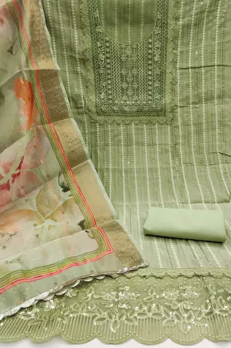 Manvaa women's light green sequnce pure roman cotton silk dress material