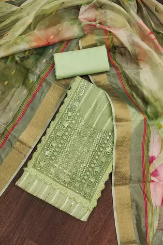Manvaa women's light green sequnce pure roman cotton silk dress material