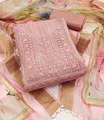 Manvaa women's peach unstitched sequnce work pure roman cotton silk dress material 