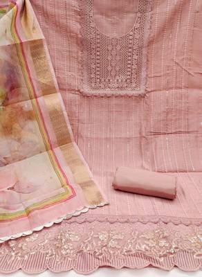 Manvaa women's peach sequnce work pure roman cotton silk dress material 2