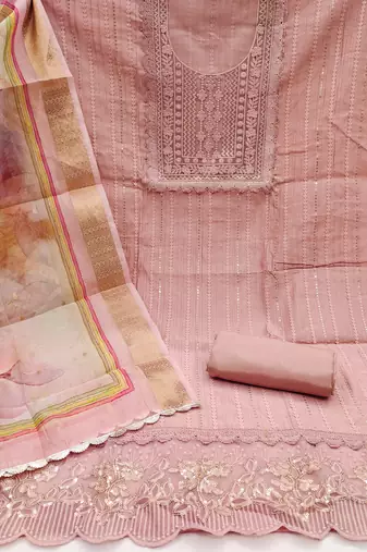 Manvaa women's peach sequnce work pure roman cotton silk dress material