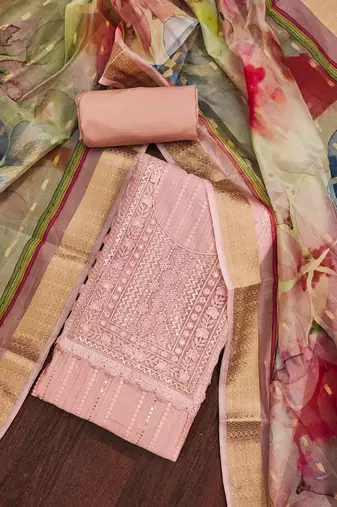 Manvaa women's peach sequnce work pure roman cotton silk dress material
