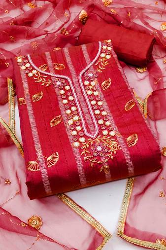 Manvaa women's red unstitched handwork modal butti dress material 