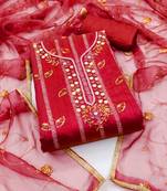 Manvaa women's red unstitched handwork modal butti dress material 