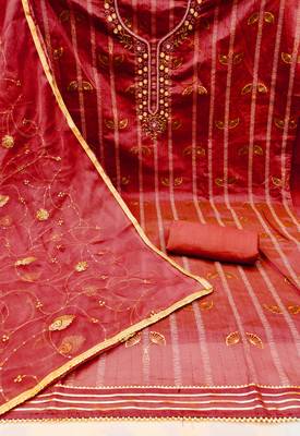 Manvaa women's red handwork modal butti dress material 2