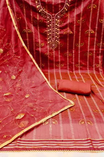 Manvaa women's red handwork modal butti dress material