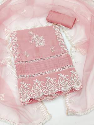 Manvaa women's baby pink thread embroidery pure organza dress material 1