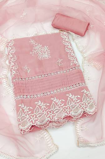 Manvaa women's baby pink unstitched thread embroidery pure organza dress material 