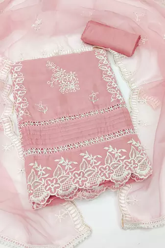 Manvaa women's baby pink unstitched thread embroidery pure organza dress material 