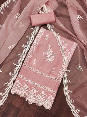 Manvaa women's baby pink thread embroidery pure organza dress material 4