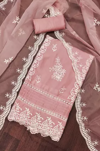 Manvaa women's baby pink thread embroidery pure organza dress material