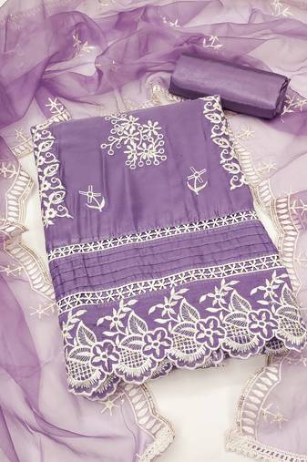 Manvaa women's levender unstitched heavy thread embroidery pure organza dress material 