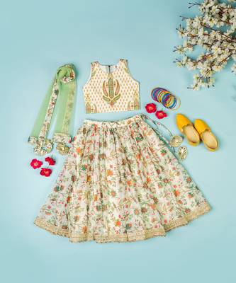 Multi-colored chanderi floral printed lehenga set for girls 1