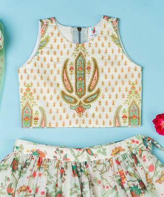 Multi-colored chanderi floral printed lehenga set for girls 2