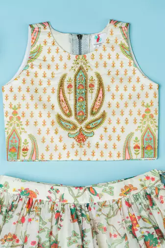 Multi-colored chanderi floral printed lehenga set for girls