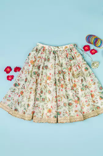 Multi-colored chanderi floral printed lehenga set for girls