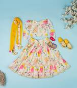 Multi-colored chanderi floral printed lehenga set for girls