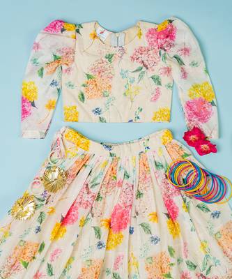 Multi-colored chanderi floral printed lehenga set for girls 2