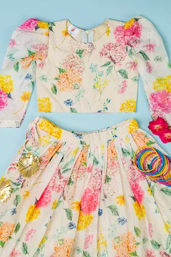 Multi-colored chanderi floral printed lehenga set for girls