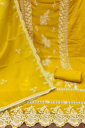 Manvaa women's light green thread embroidery pure organza dress material