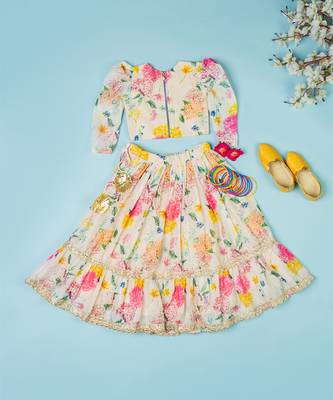 Multi-colored chanderi floral printed lehenga set for girls 4