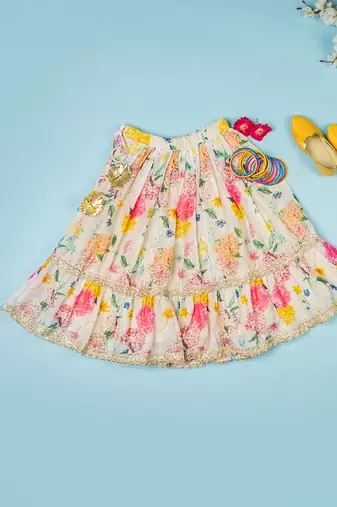Multi-colored chanderi floral printed lehenga set for girls