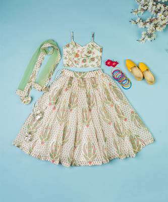 Multi-colored chanderi floral printed lehenga set for girls 1
