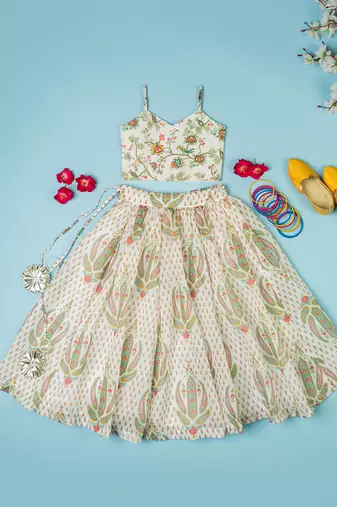 Multi-colored chanderi floral printed lehenga set for girls