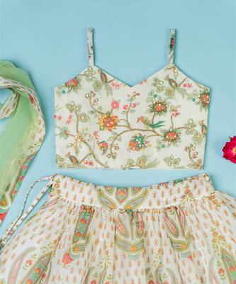 Multi-colored chanderi floral printed lehenga set for girls 3