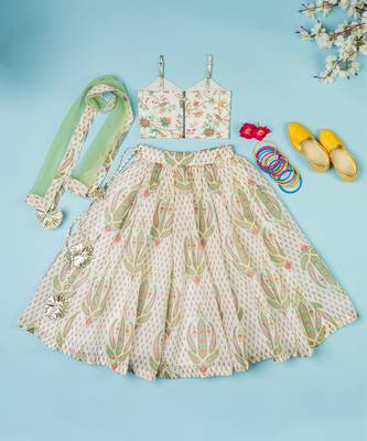 Multi-colored chanderi floral printed lehenga set for girls 4