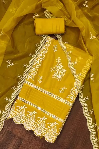 Manvaa women's light green thread embroidery pure organza dress material