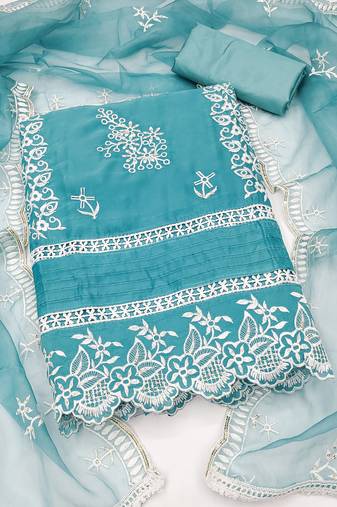 Manvaa women's sky blue unstitched heavy thread embroidery pure organza dress material 