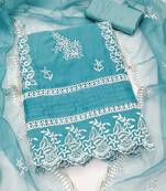 Manvaa women's sky blue heavy thread embroidery pure organza dress material