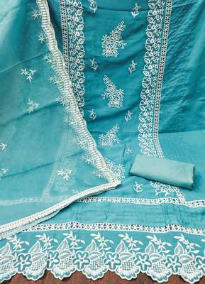 Manvaa women's sky blue heavy thread embroidery pure organza dress material 2