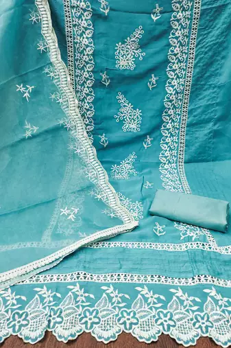 Manvaa women's sky blue heavy thread embroidery pure organza dress material