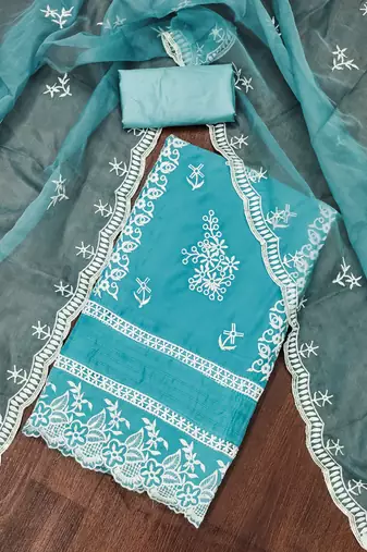 Manvaa women's sky blue heavy thread embroidery pure organza dress material