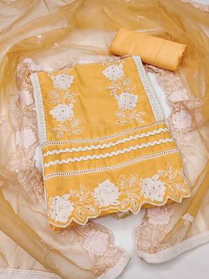 Manvaa women's yellow heavy thread embroidery pure organza dress material 1
