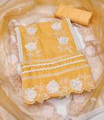 Manvaa women's yellow unstitched heavy thread embroidery pure organza dress material 