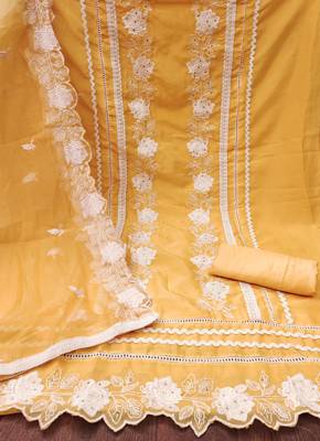 Manvaa women's yellow heavy thread embroidery pure organza dress material 2