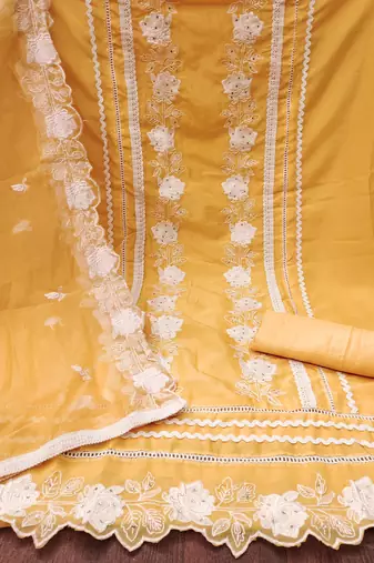 Manvaa women's yellow heavy thread embroidery pure organza dress material