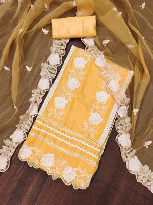 Manvaa women's yellow heavy thread embroidery pure organza dress material 4
